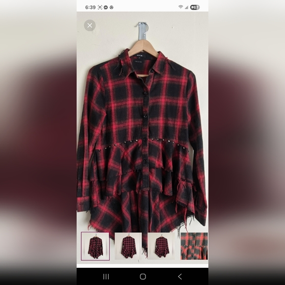 Miss Me Tops - Miss Me Red Plaid Long Sleeve Button Down Ruffle Hem Shirt – Size S